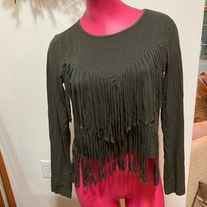 Olive green fringe crop top long sleeve